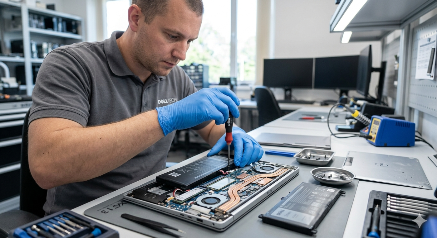 thợ đang kiểm tra thay pin laptop dell